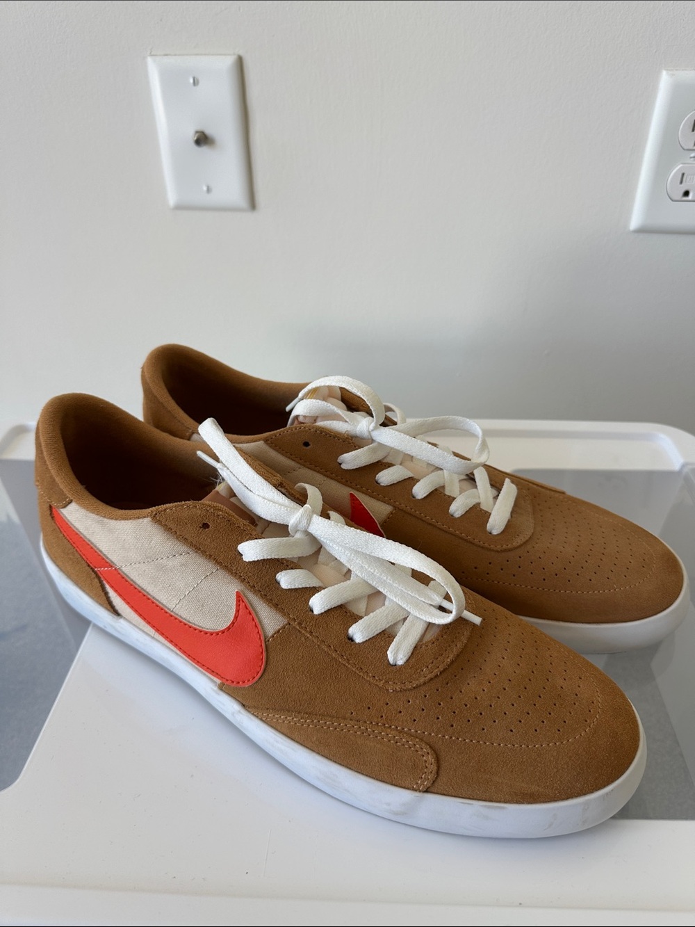 Nike SB Tan Suede Sneakers with Orange Swoosh and White Laces